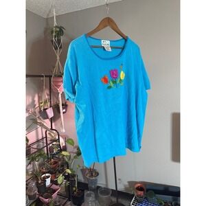 Embroidered Floral Knit Top Short Sleeve Blue Multicolor‎ Cottagecore